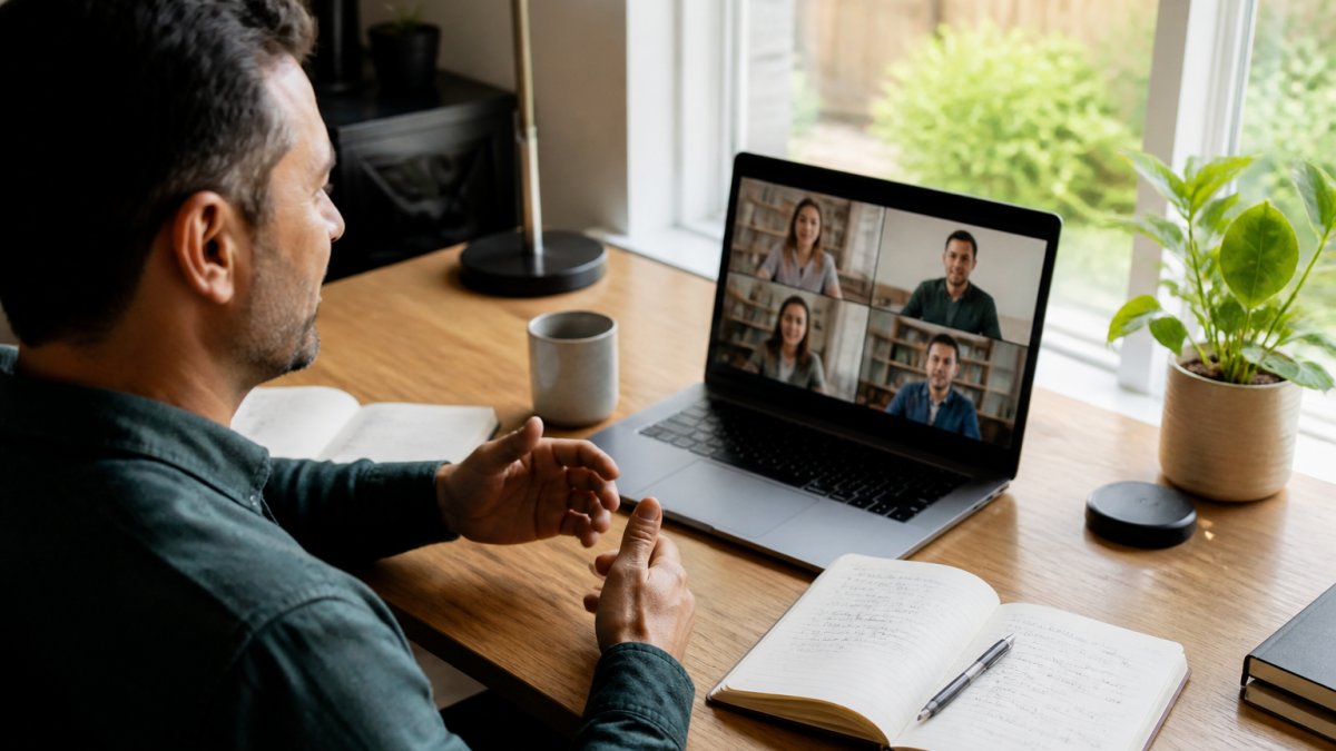 A manager on a video call at a home desk, notebook open with handwritten notes, laptop screen showing a small team of colleagues, warm natural light from a window