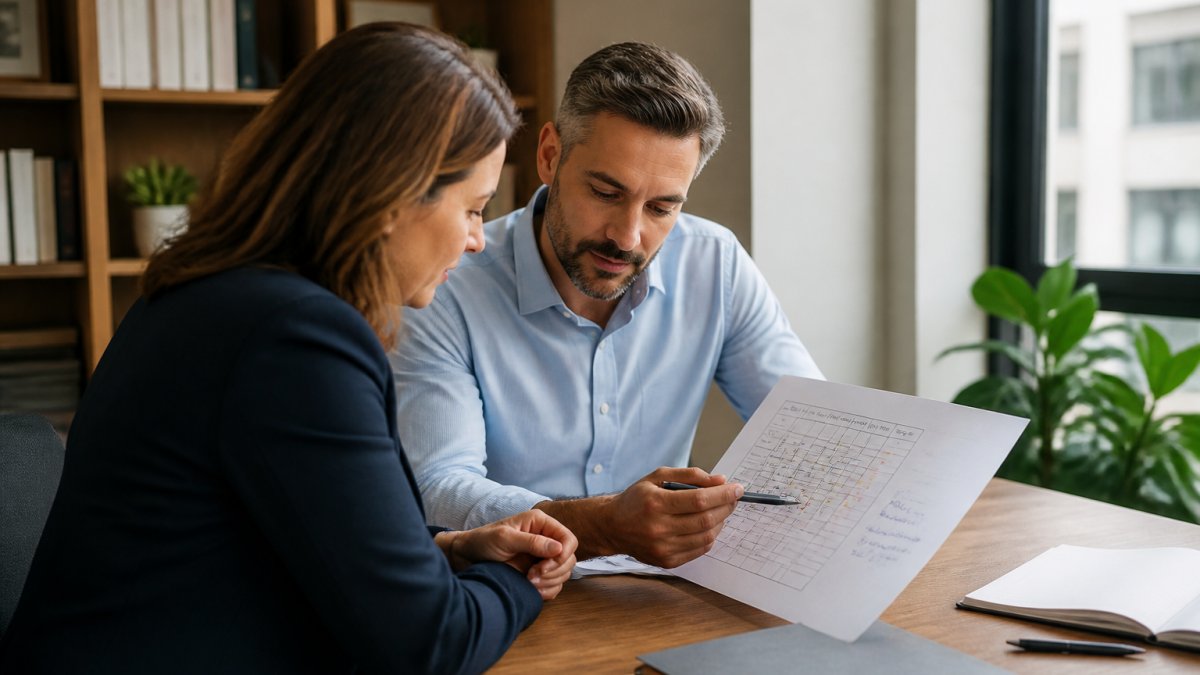 Coach and client reviewing a printed goal tracker on a desk in a bright office