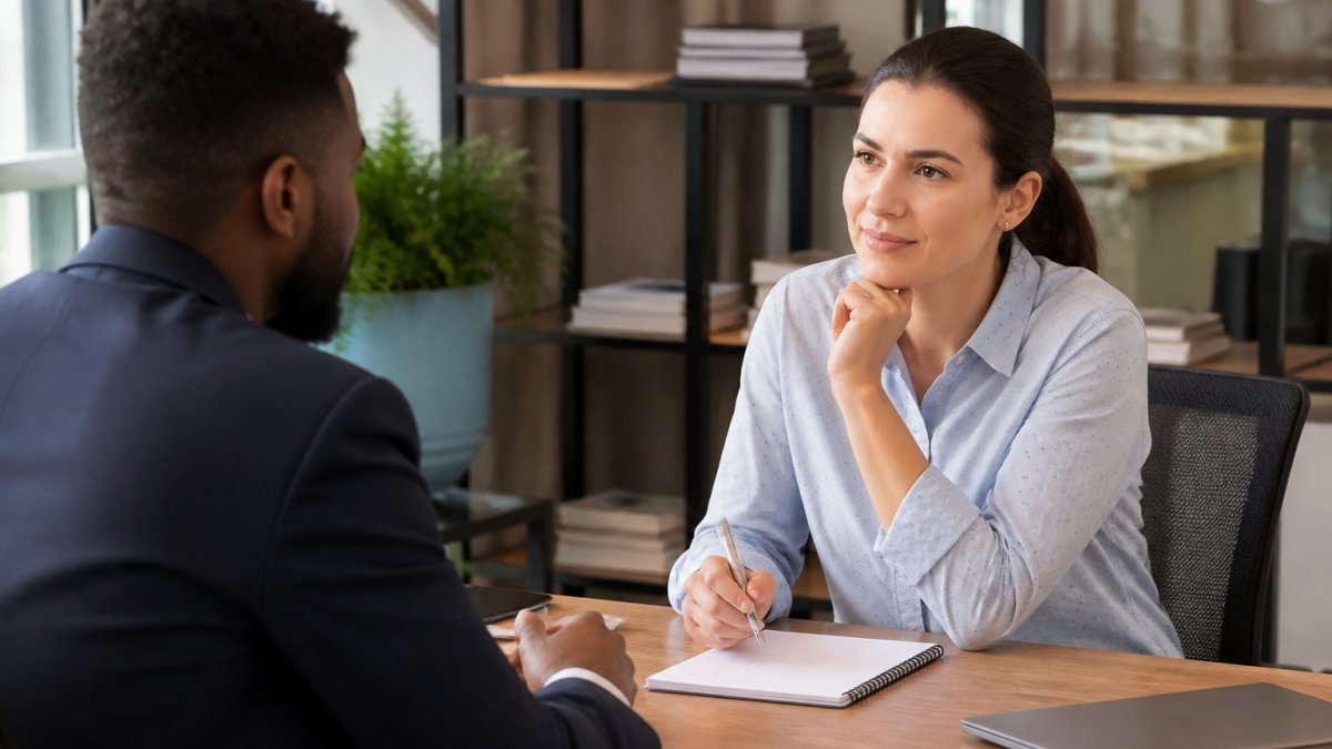 Manager and employee having a productive one-on-one coaching meeting at a desk with a notepad