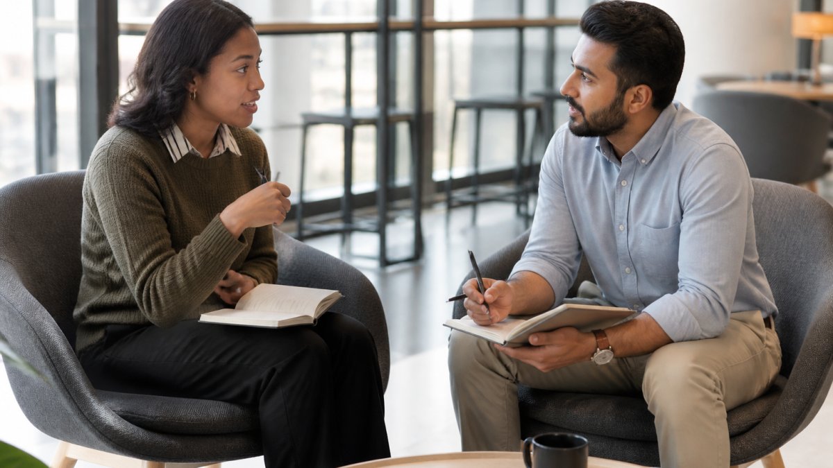 A manager and a direct report sitting in two chairs facing each other in a bright office, both with open notebooks, mid-conversation and listening closely