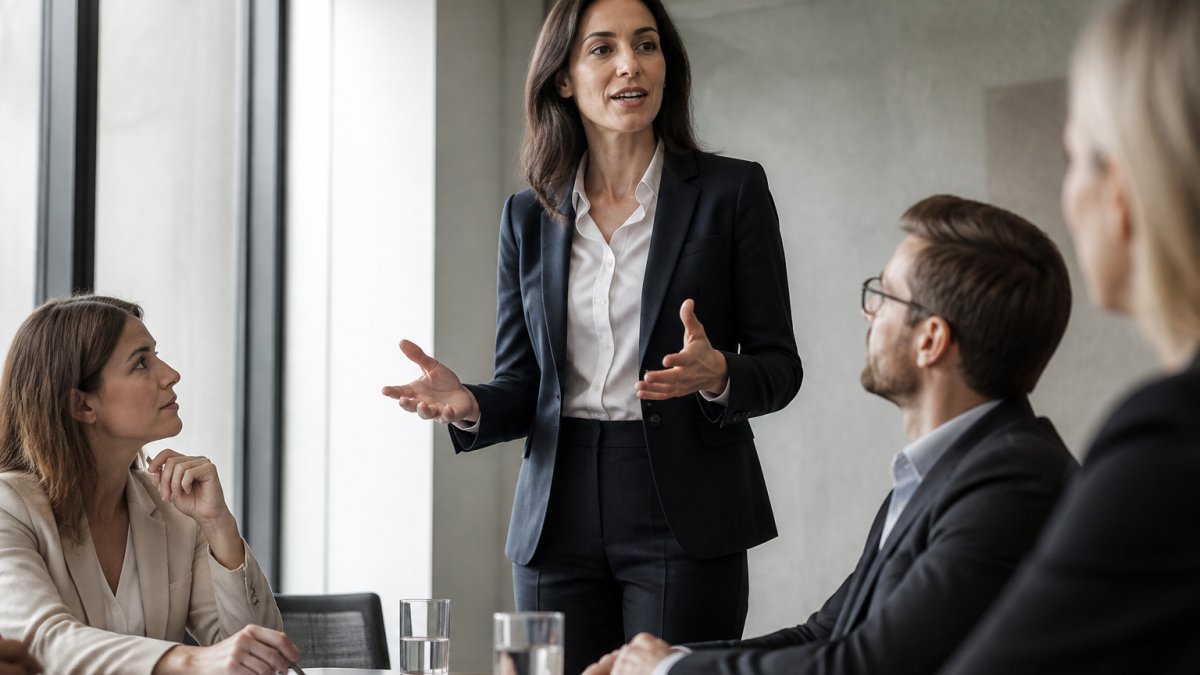 Professional standing confidently in a conference room while presenting with open posture and natural hand gestures