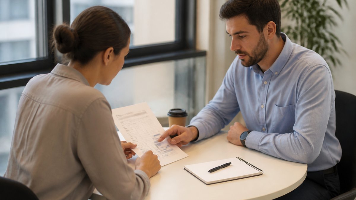 A manager and a direct report sitting across from each other at a small table in a bright office, reviewing a printed feedback summary with a notepad and pen nearby